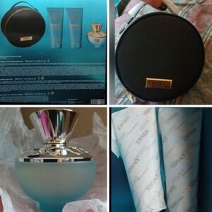 VERSACE 4-Pc Box Set Dylan Turquoise Round Cosmetic Case Body & Shower Gels